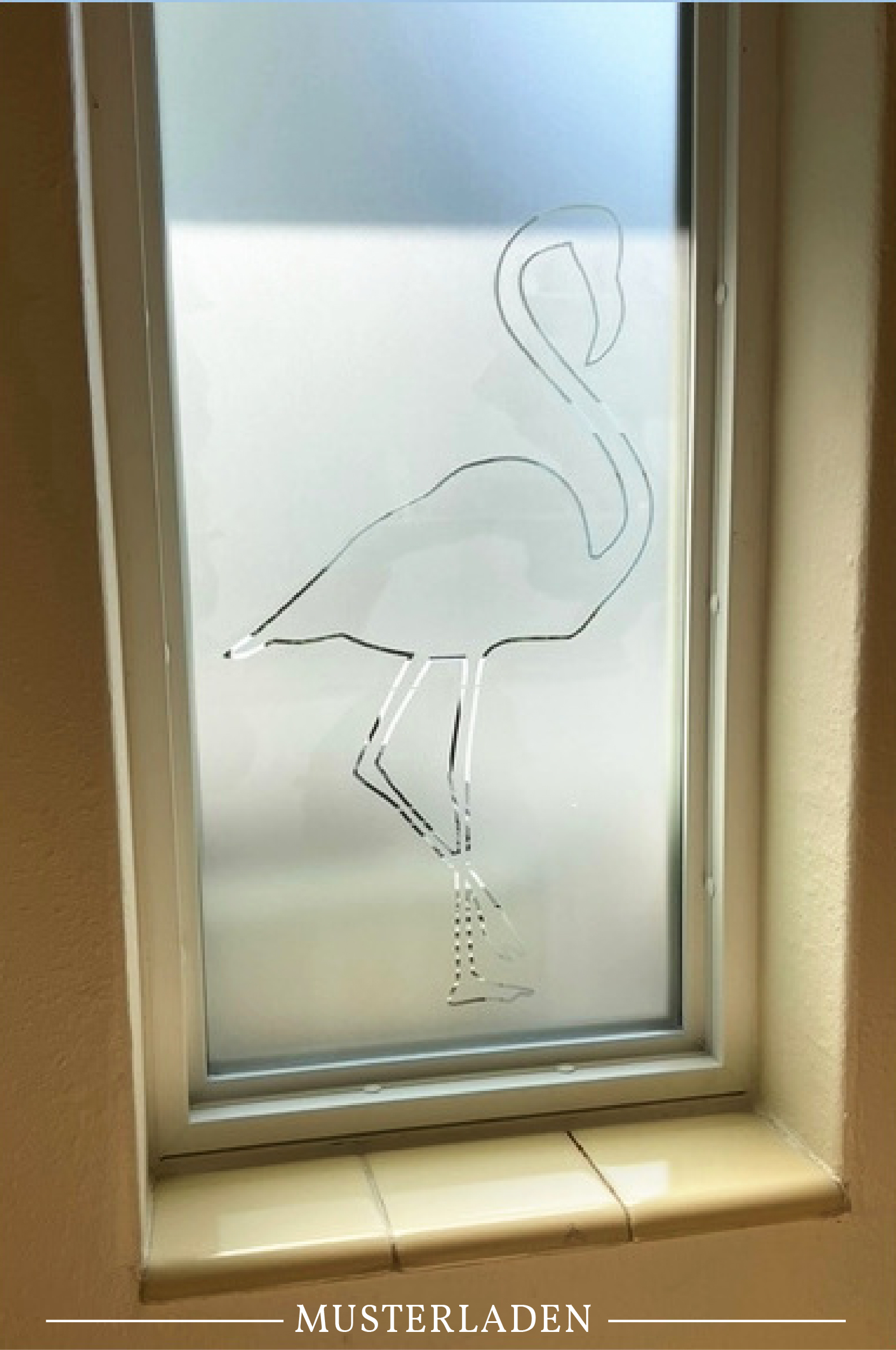 Fensterfolie Sichtschutz Motiv Flamingo Maßanfertigung Flamingo an der Kontur ausgeschnitten in der Farbe etched